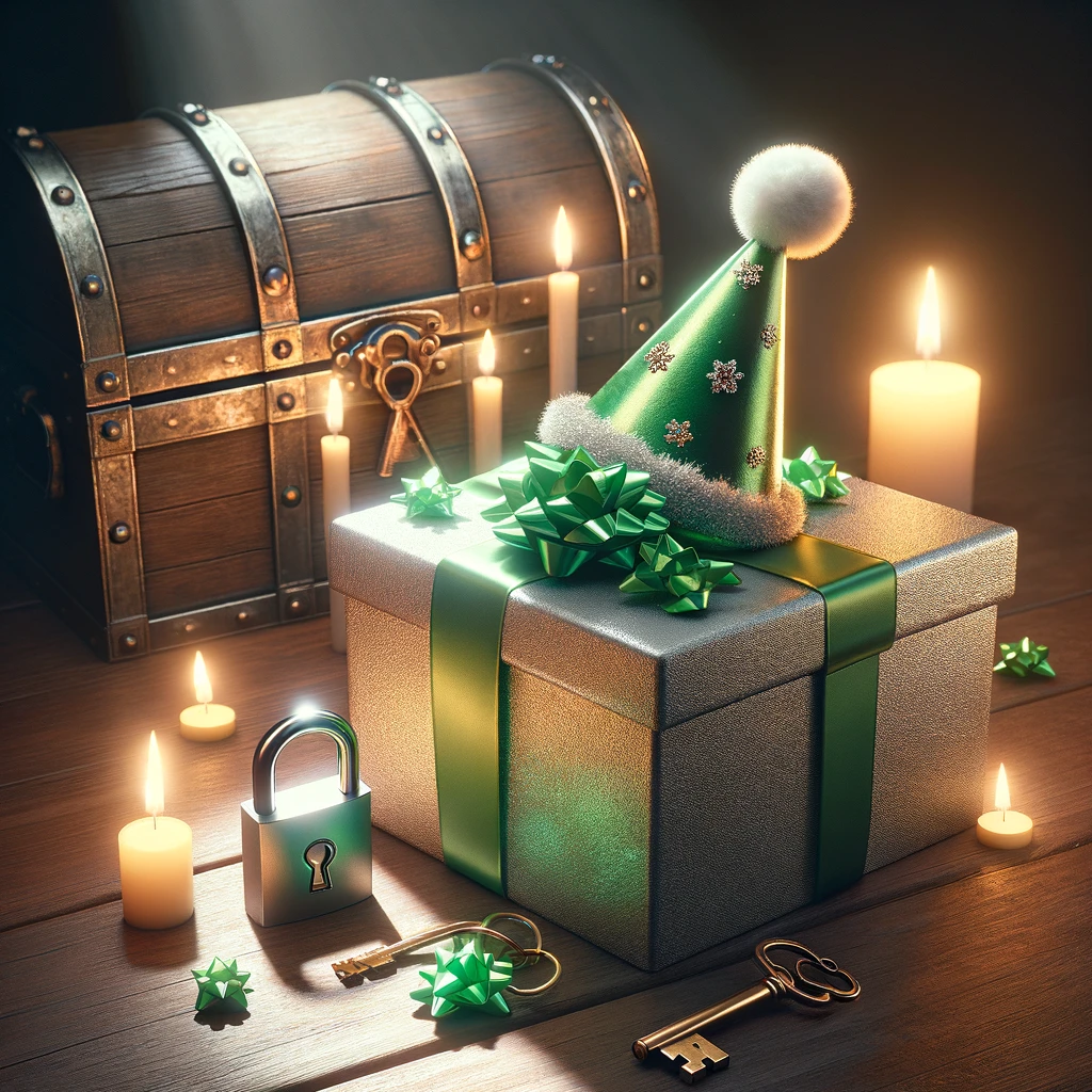 caja de regalo con cofres de candados alrededor